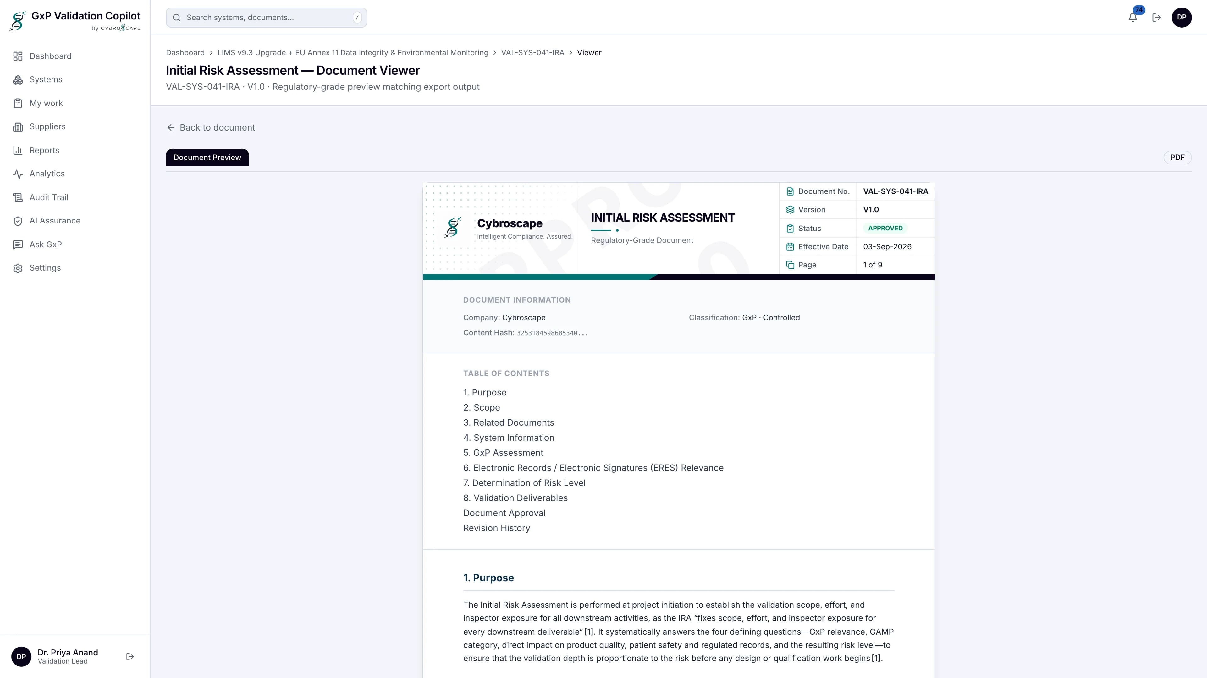 GxP Copilot document engine — draft, review, approve and sign validation deliverables end-to-end