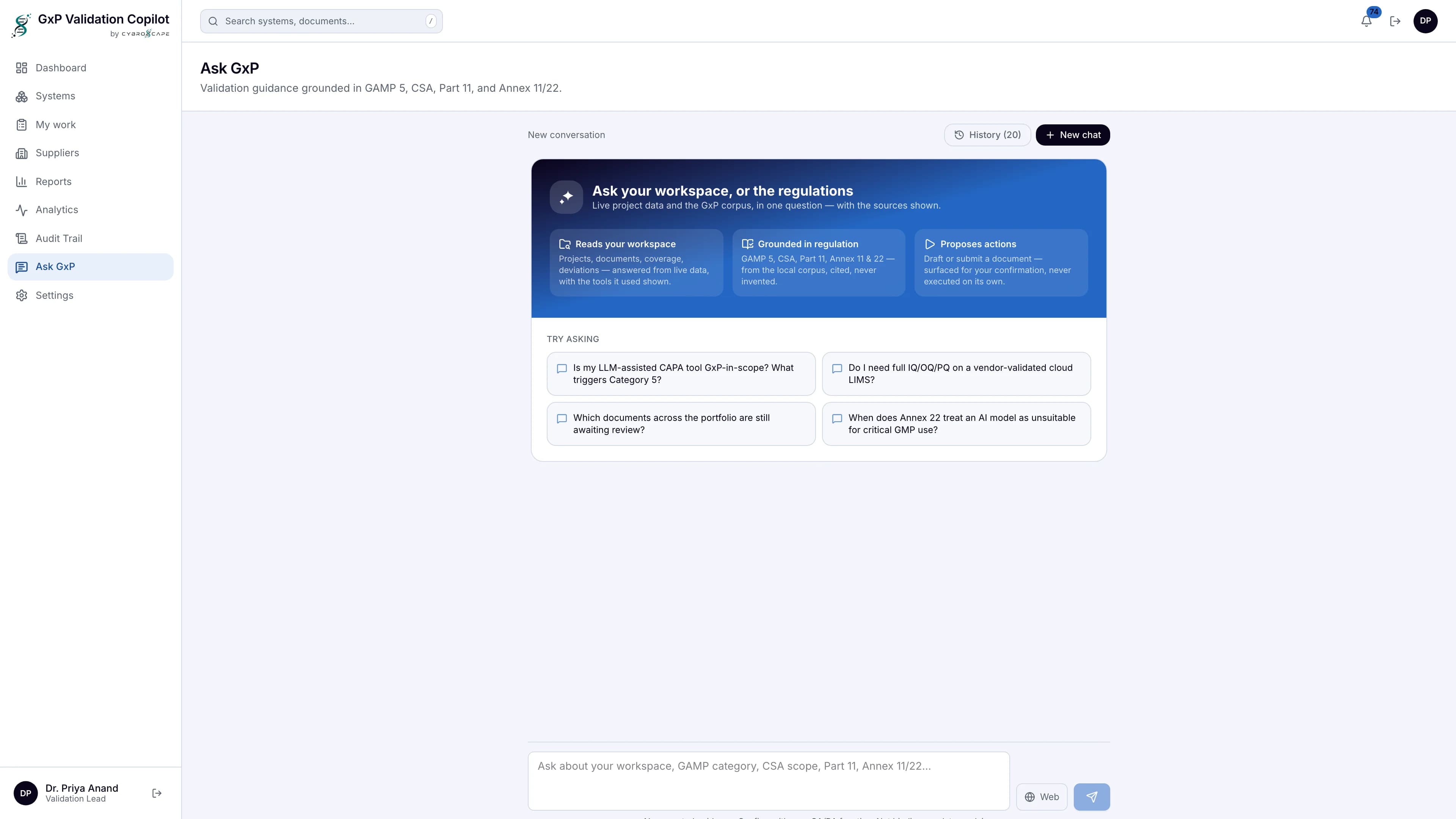 Ask GxP — AI assistant answering validation questions with regulatory context
