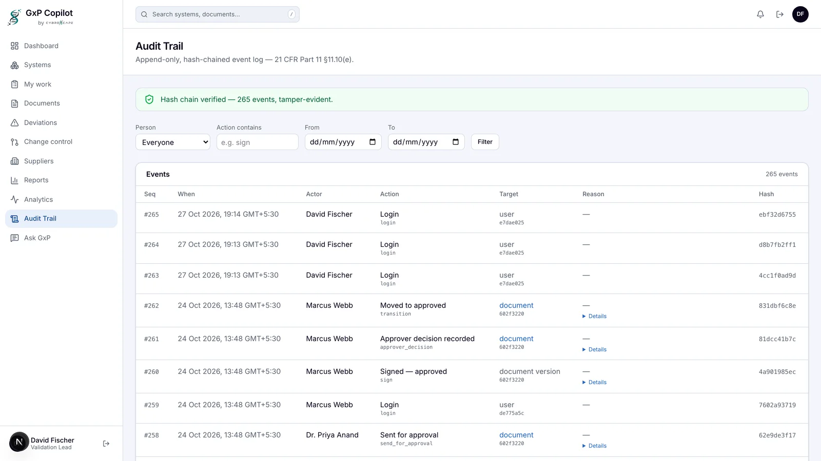 GxP Copilot tamper-evident audit trail