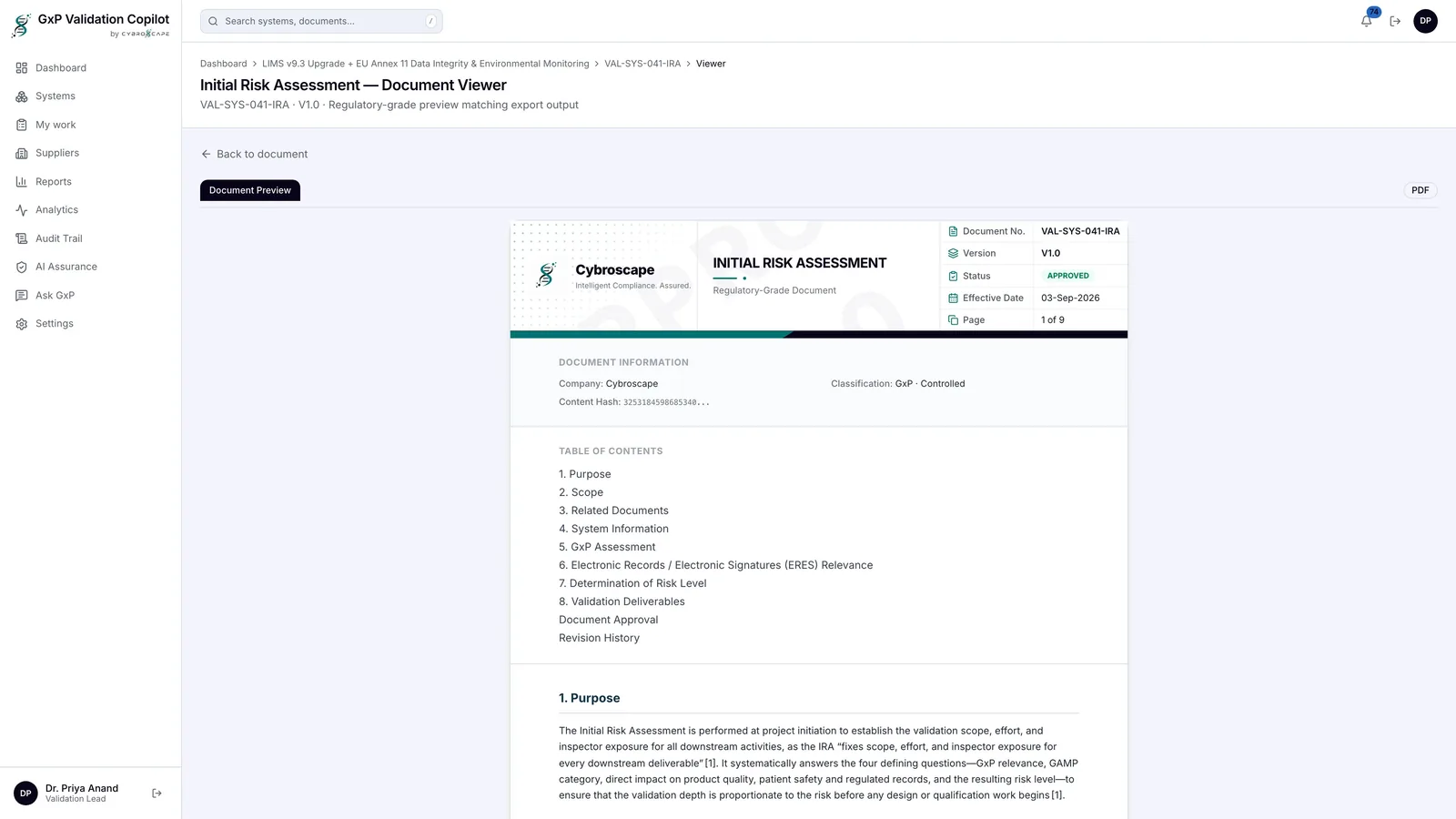 GxP Copilot document viewer showing an approved initial risk assessment