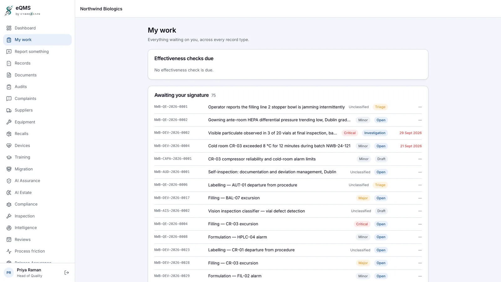Cybroscape eQMS work queue