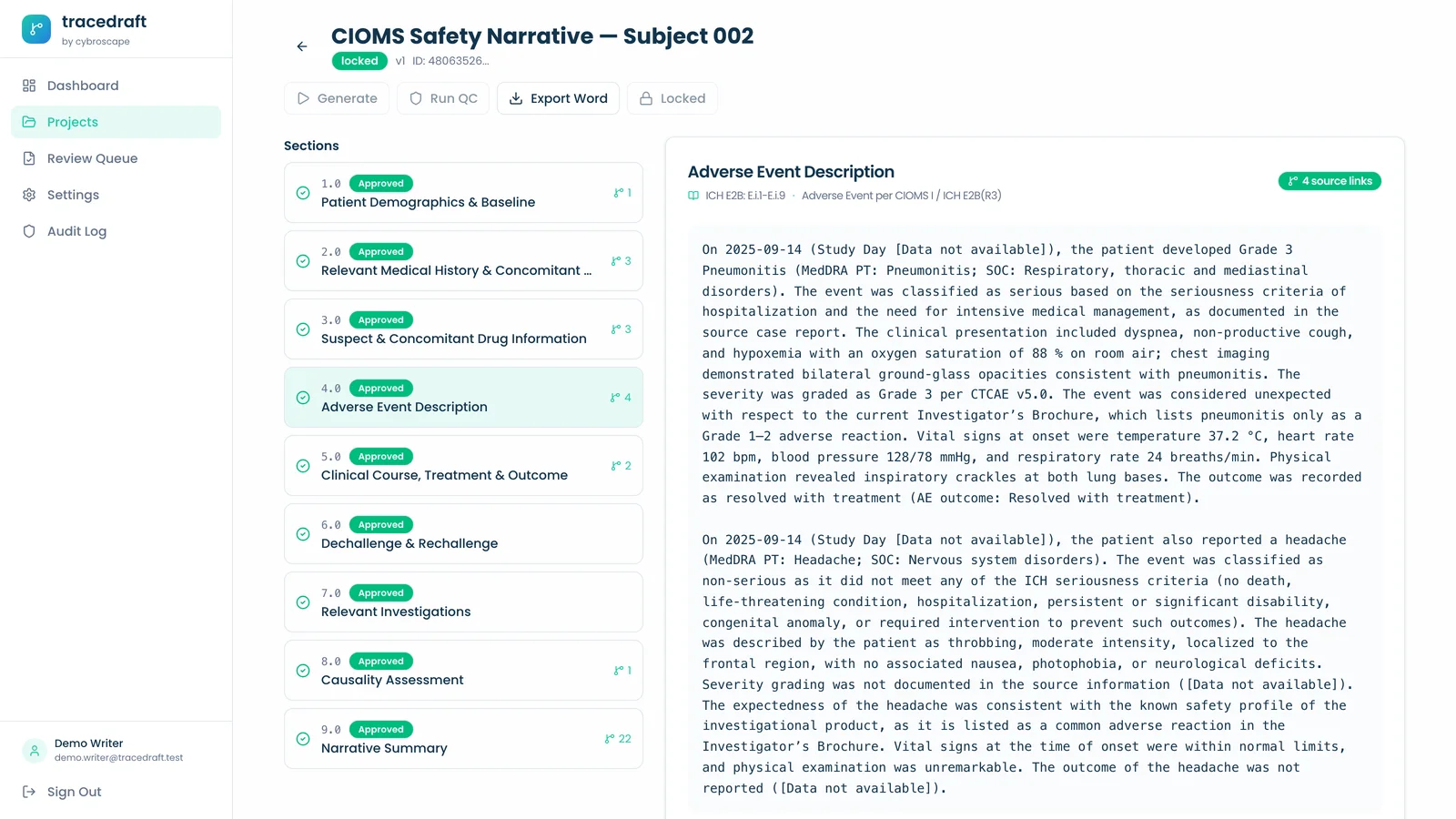 TraceDraft approved safety narrative